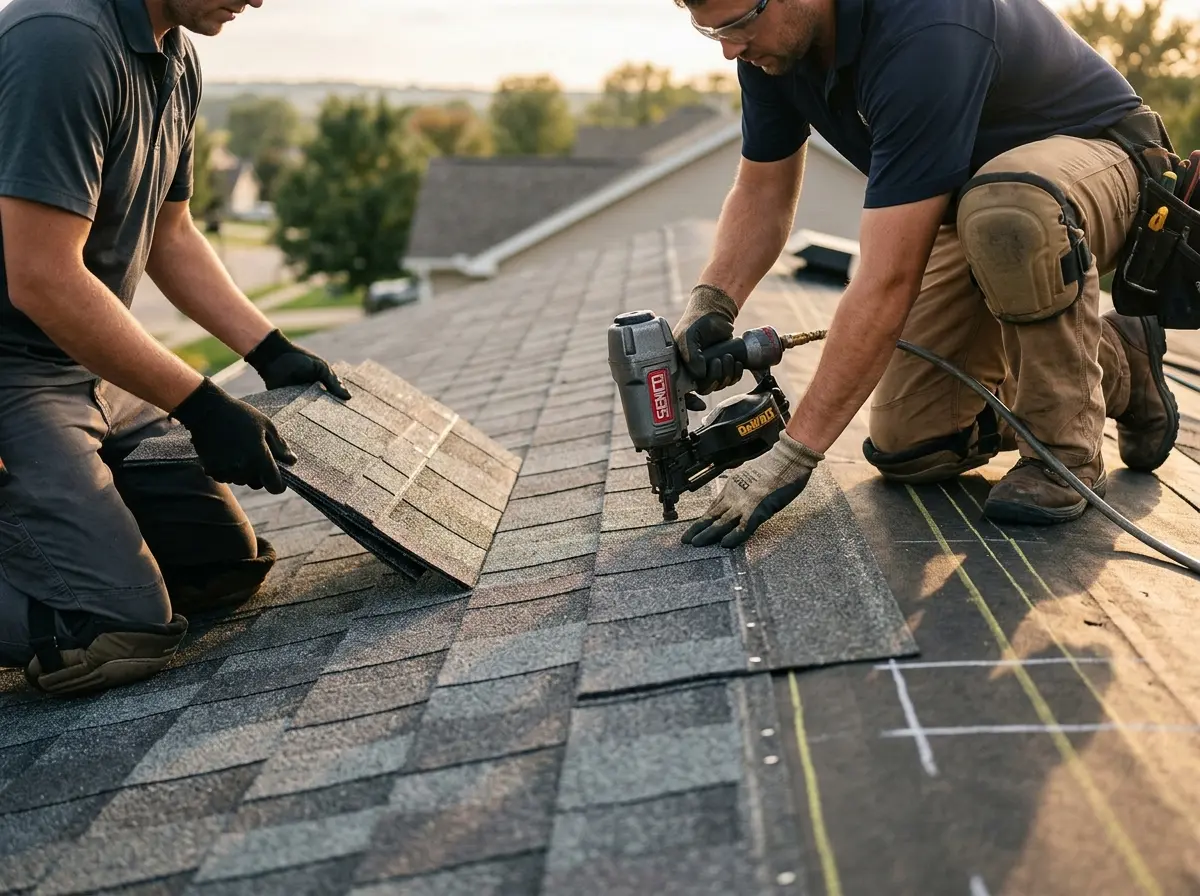 Professional roofer working on a residential roof in Turner